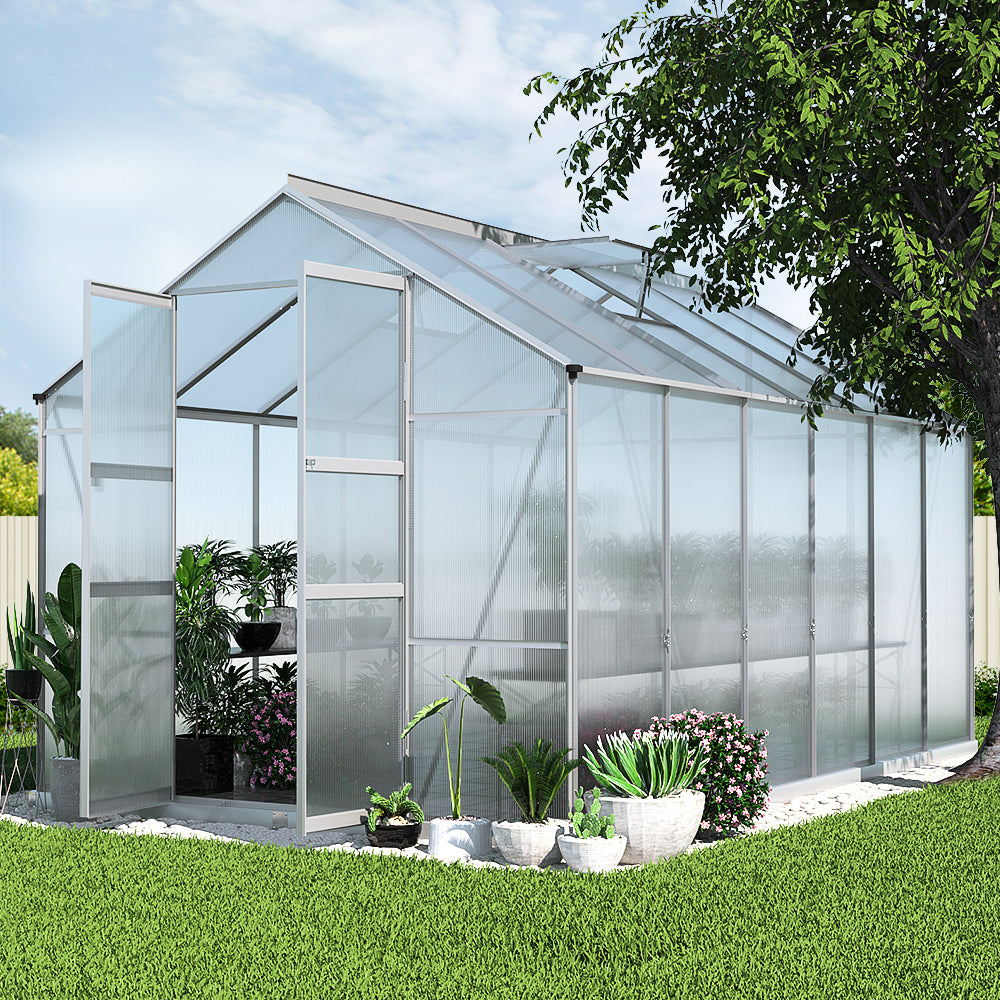 Greenhouses & Accessories: Green Fingers Greenhouse 3.7x2.5x2.26M Double Doors Aluminium Green House Garden Shed