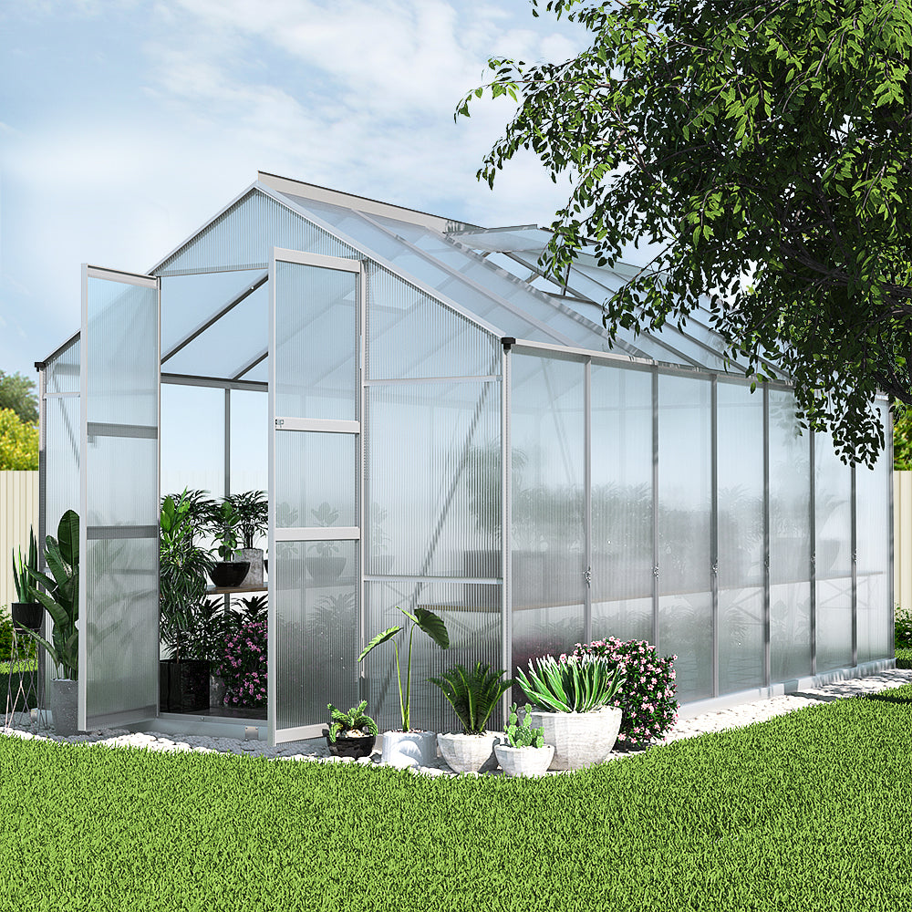 Greenhouses & Accessories: Green Fingers Greenhouse 4.1x2.5x2.26M Double Doors Aluminium Green House Garden Shed