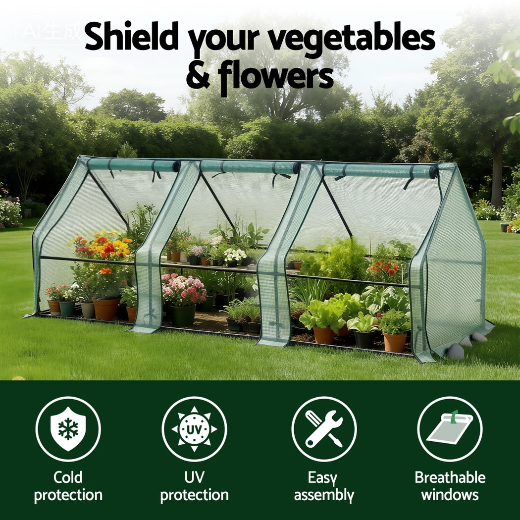 Greenhouses & Accessories: Green Fingers Mini Greenhouse 240x90x90cm Steel Frame PE Cover Outdoor Shelter