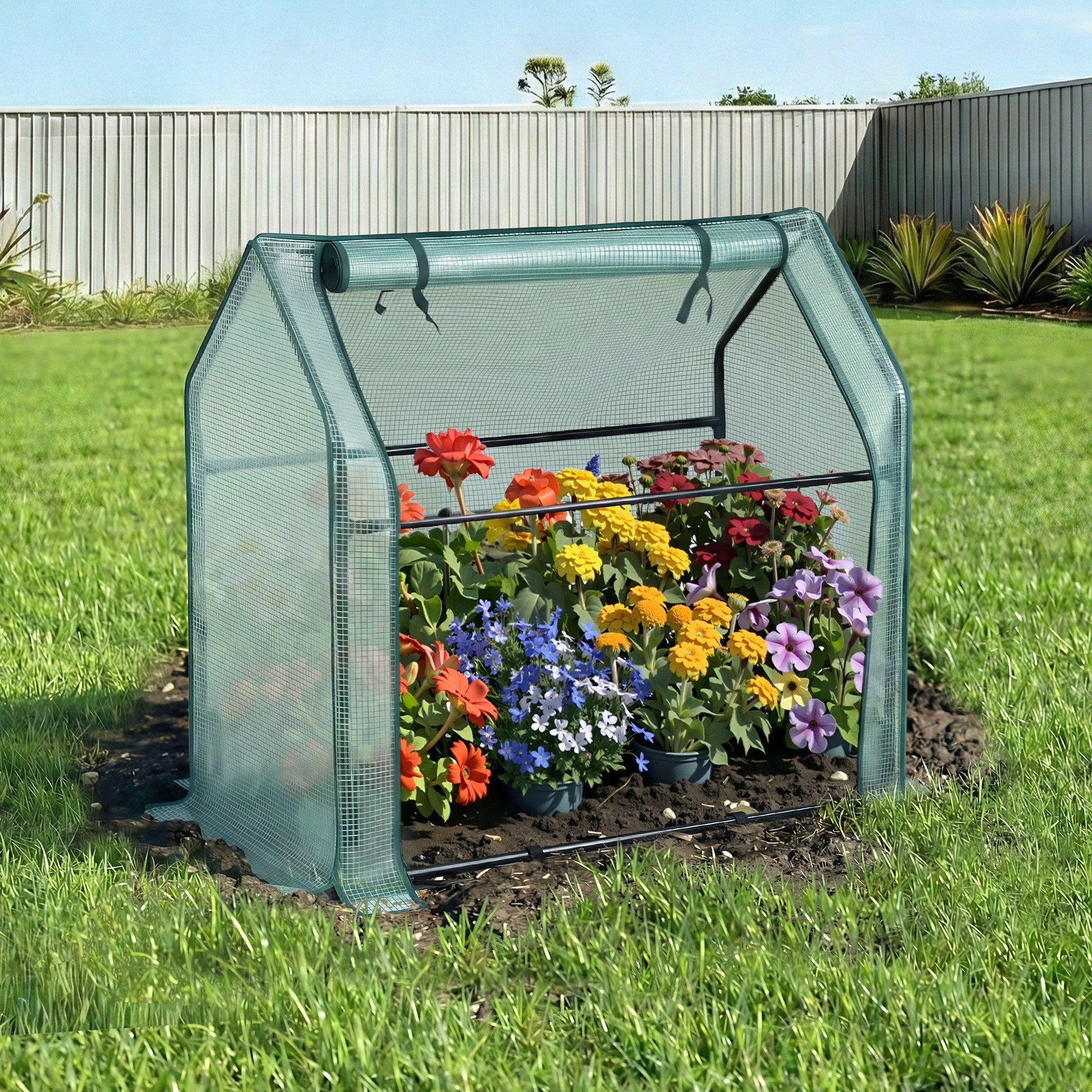 Greenhouses & Accessories: Green Fingers Mini Greenhouse 91x46x84cm Steel Frame PE Cover Outdoor Shelter