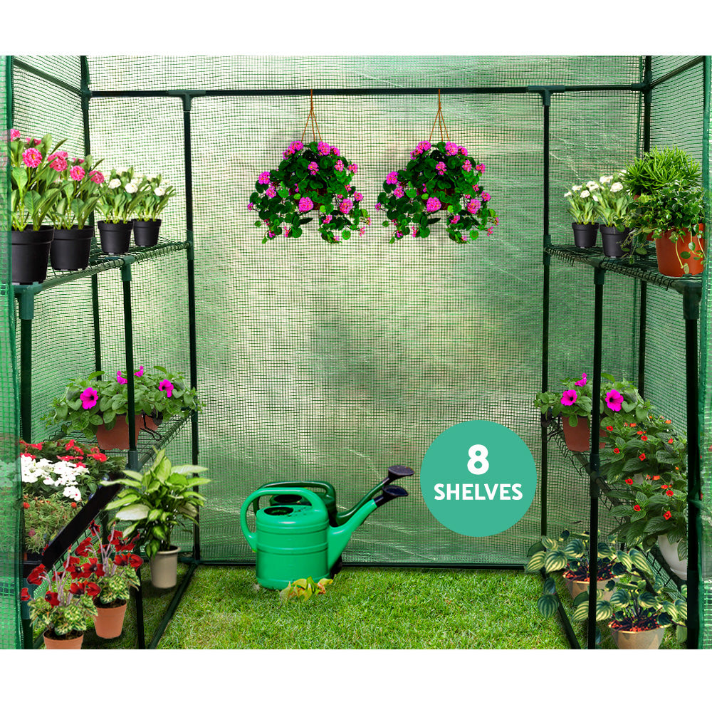 Greenhouses & Accessories: Green Fingers Greenhouse 1.4x1.55x2M Walk in Green House Tunnel Plant Garden Shed 8 Shelves