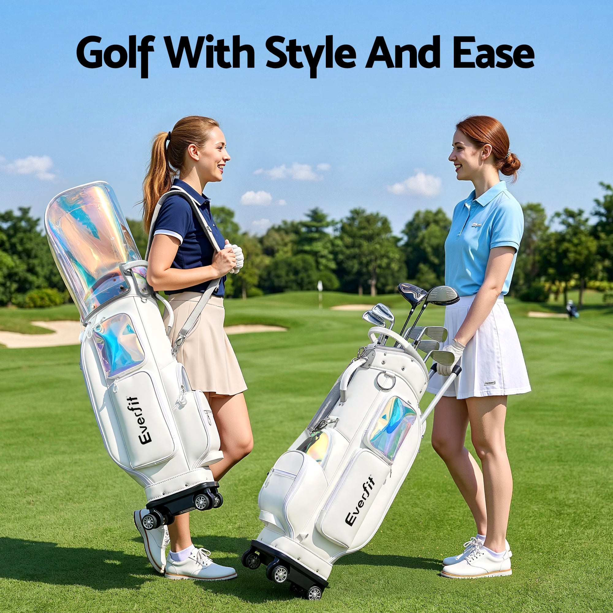 Everfit Golf Cart Bag Rolling Buggy Club Organiser Synthetic Leather White