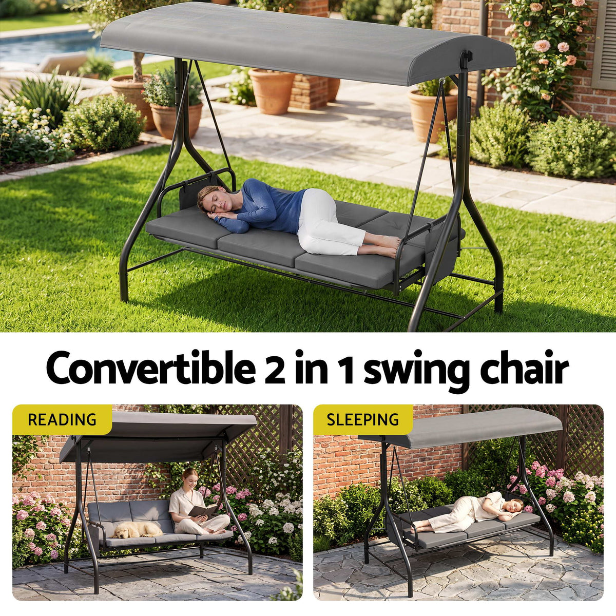 Gardeon Outdoor Swing Chair with Canopy Convertible Hanging Bed Grey