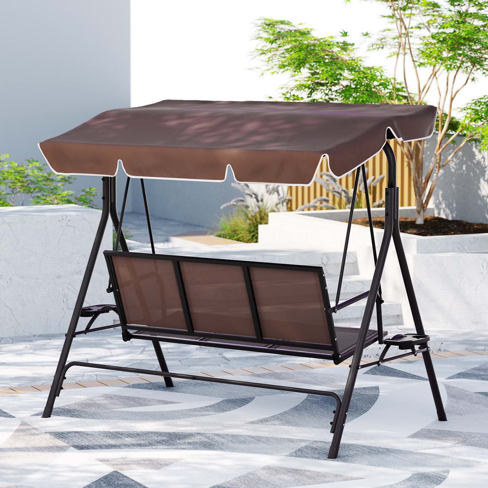 Outdoor Chairs: Gardeon Outdoor Swing Chair Garden Chair Canopy Cup Holder 3 Seater Brown