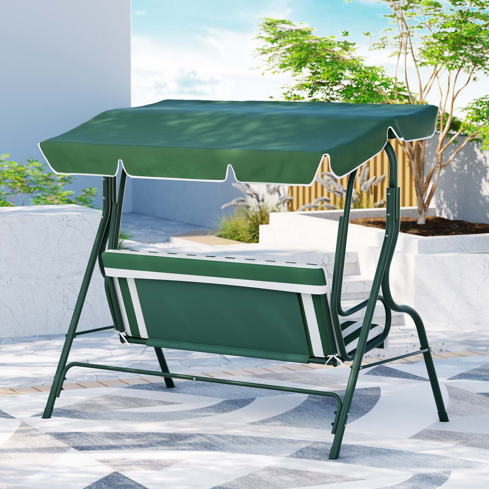 Outdoor Benches: Gardeon Outdoor Swing Chair Garden Bench Furniture Canopy 3 Seater White Green