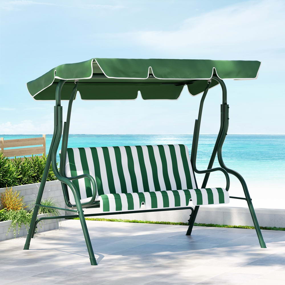 Outdoor Benches: Gardeon Outdoor Swing Chair Garden Bench Furniture Canopy 3 Seater White Green