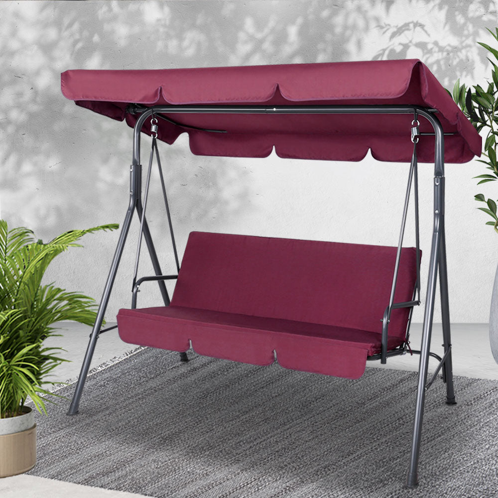 Outdoor Chairs: Gardeon Outdoor Swing Chair Garden Bench Furniture Canopy 3 Seater Wine Red