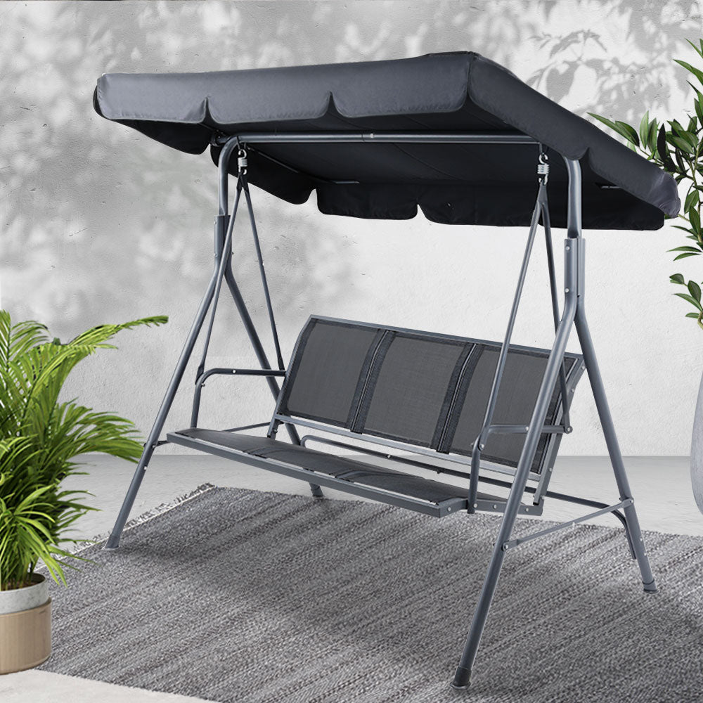 Outdoor Chairs: Gardeon Outdoor Swing Chair Garden Bench Furniture Canopy 3 Seater Mesh Black