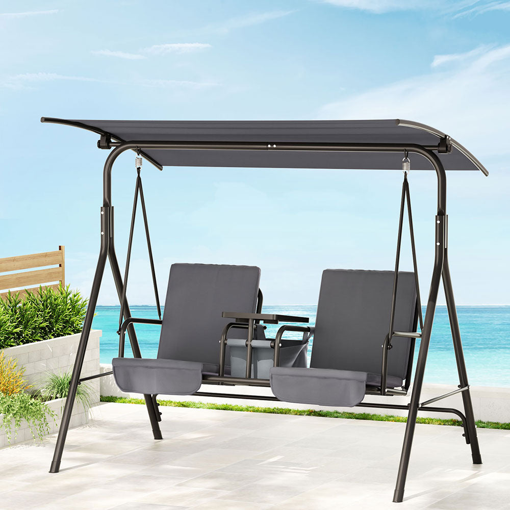 Outdoor Chairs: Gardeon Outdoor Swing Chair Garden Chair Canopy Cup Holder 2 Seater Grey