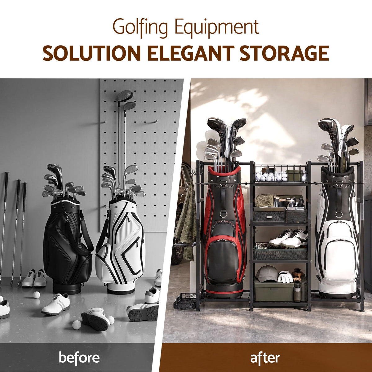Everfit Golf Bag Storage Golfing Equipment Rack Holds 2 Bags 16 Clubs