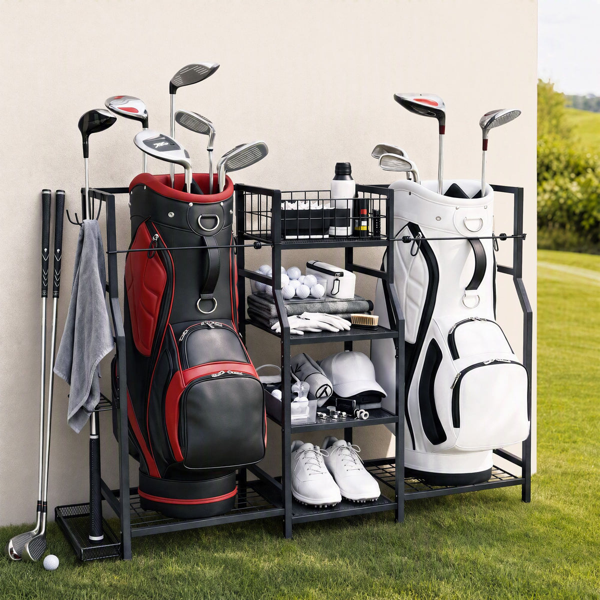 Everfit Golf Bag Storage Golfing Equipment Rack Holds 2 Bags 16 Clubs