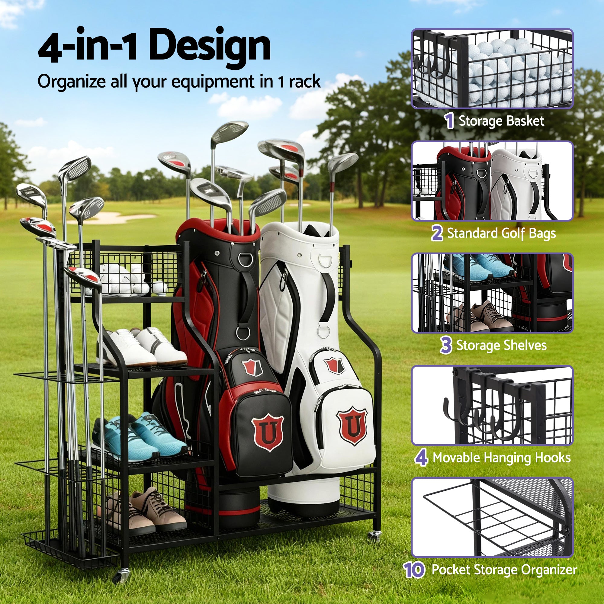 Everfit Golf Bag Storage Golf Storage Garage Organizer with Wheels Black