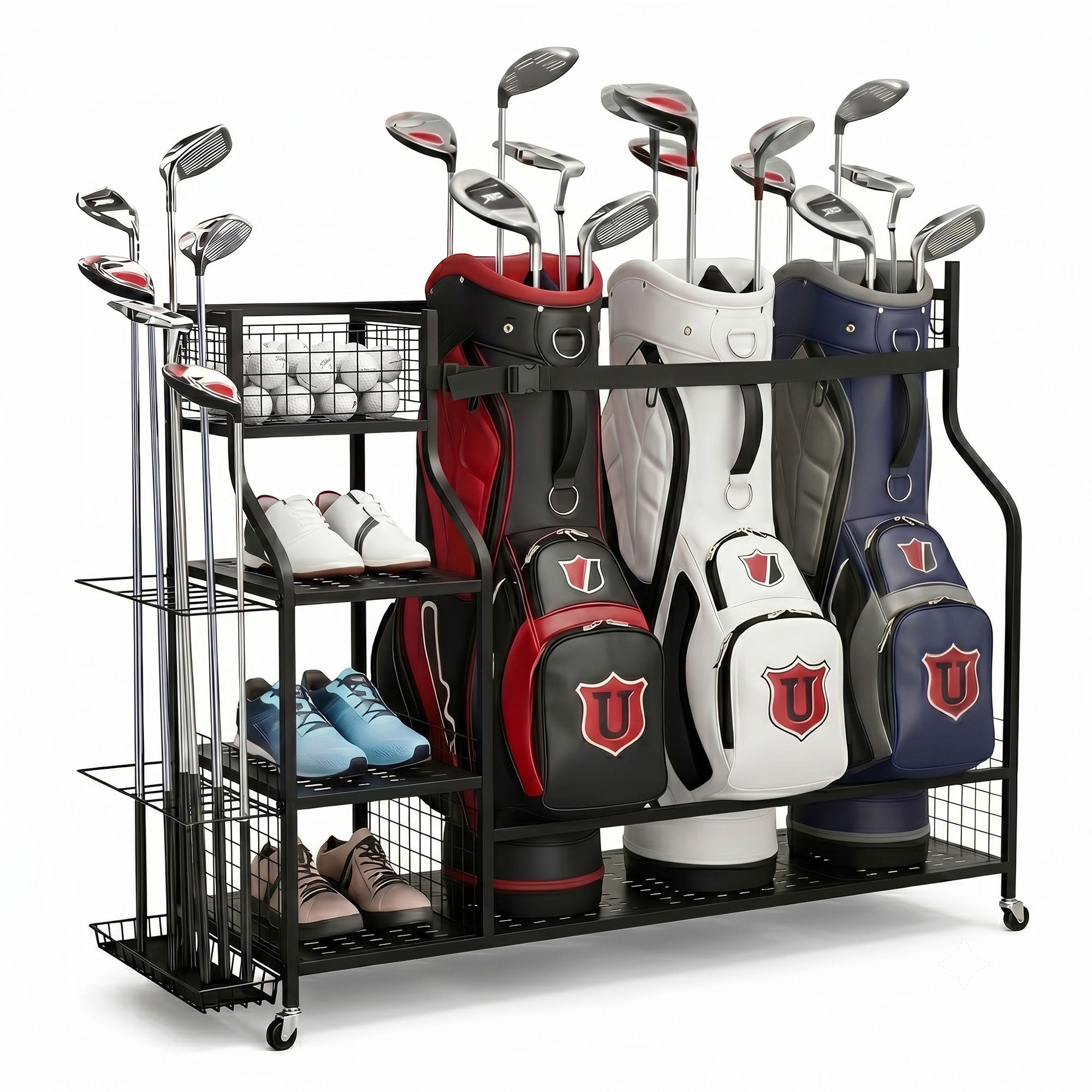 Everfit Golf 3 Bag Storage Golf Storage Garage Organizer with Wheels Black