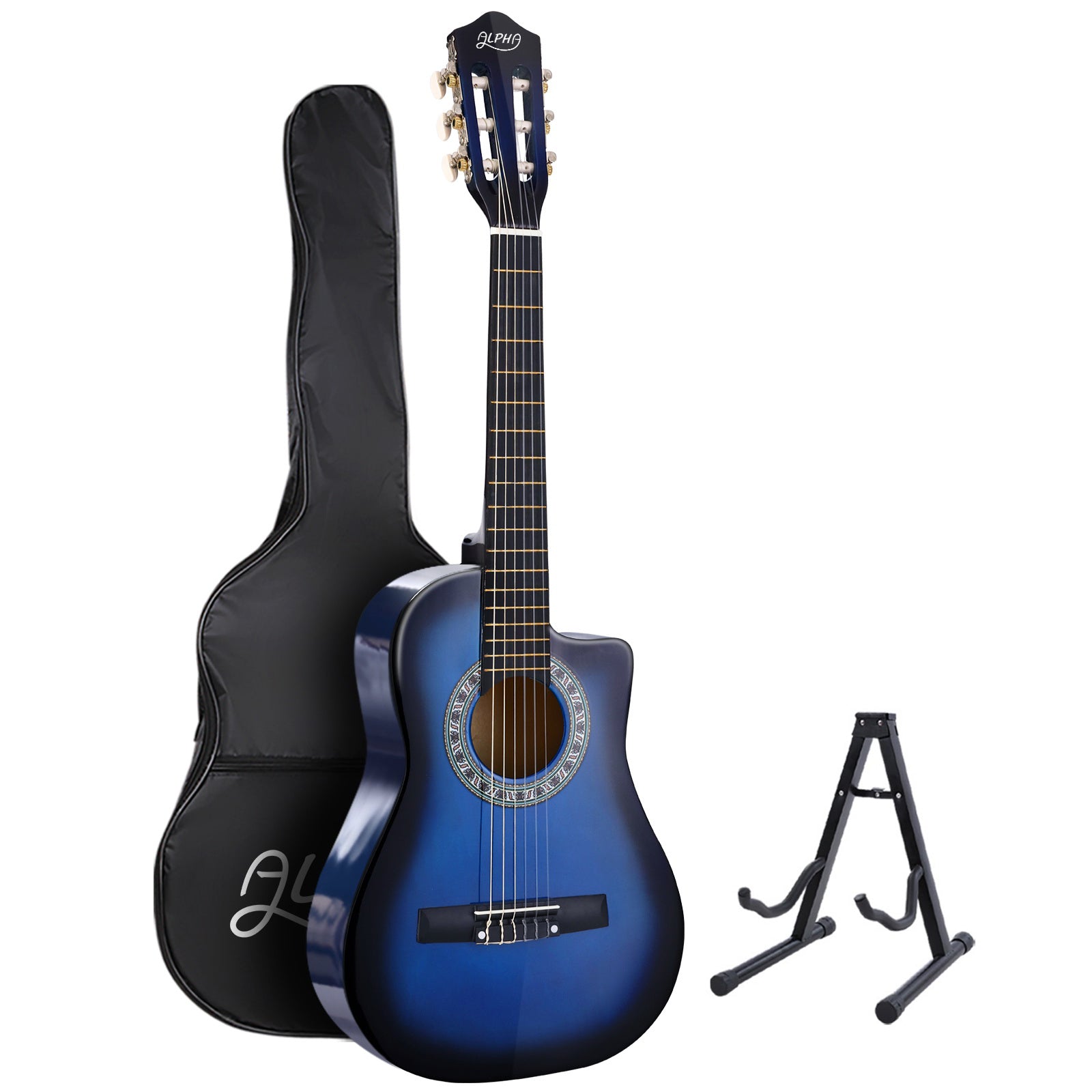 Guitars: Alpha 34 Inch Classical Guitar Wooden Body Nylon String w/ Stand Beignner Blue