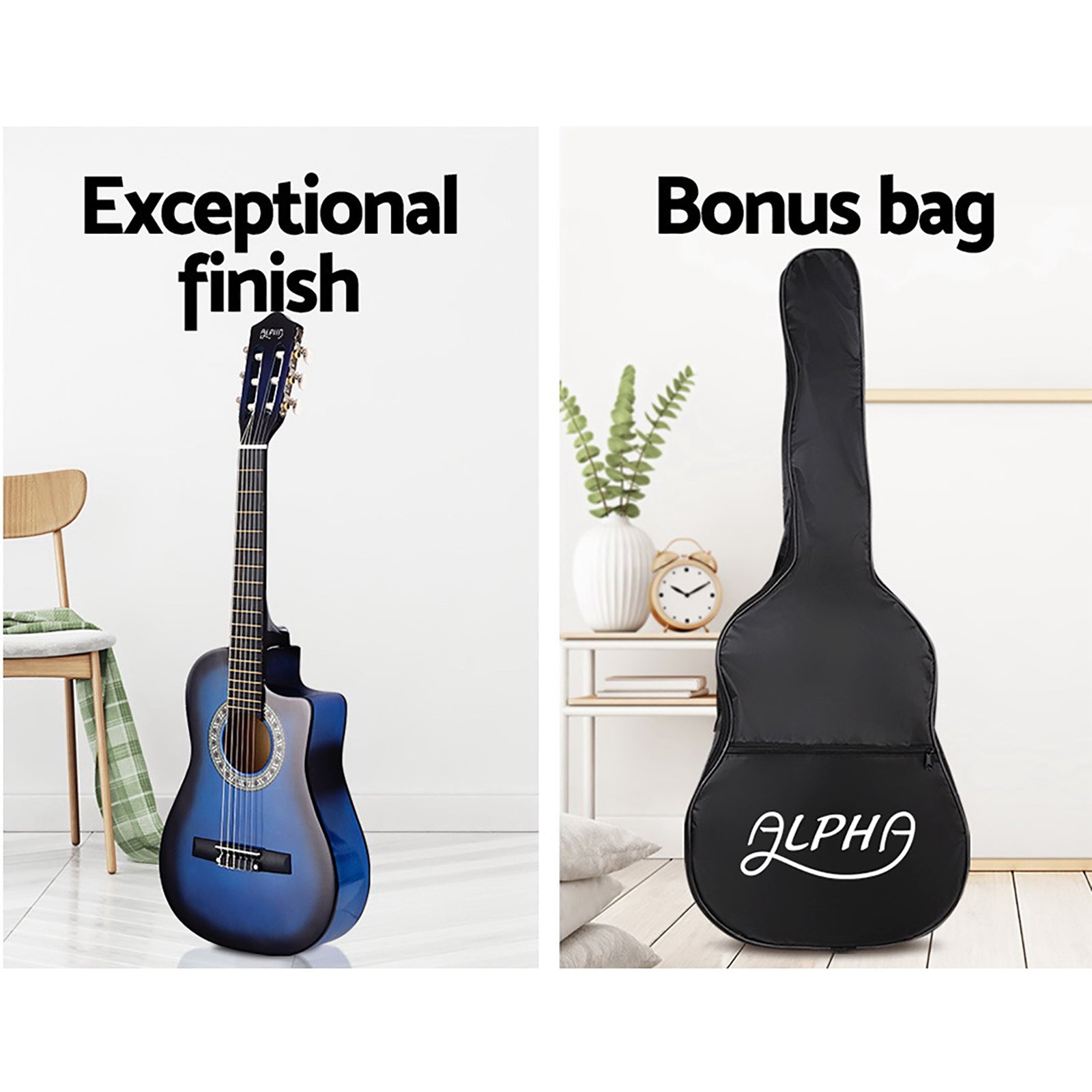 Guitars: Alpha 34 Inch Classical Guitar Wooden Body Nylon String w/ Stand Beignner Blue