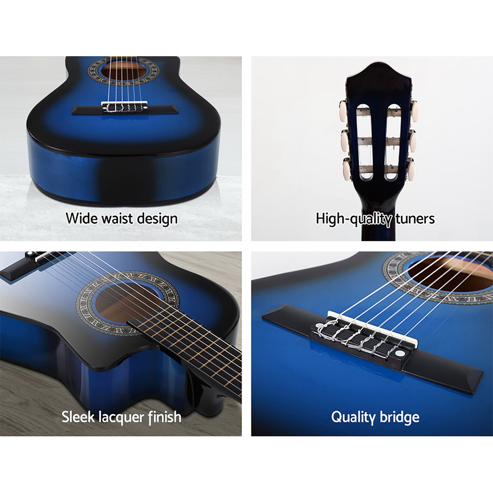 Guitars: Alpha 34 Inch Classical Guitar Wooden Body Nylon String w/ Stand Beignner Blue