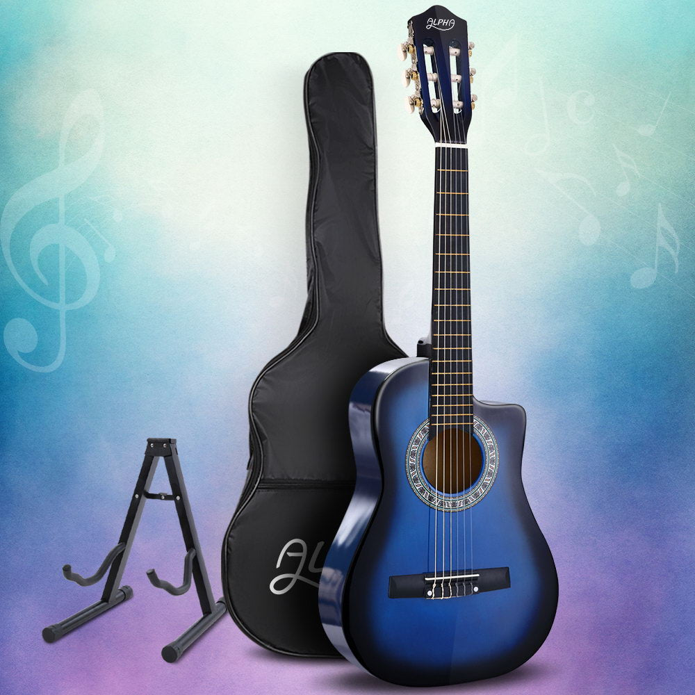 Guitars: Alpha 34 Inch Classical Guitar Wooden Body Nylon String w/ Stand Beignner Blue