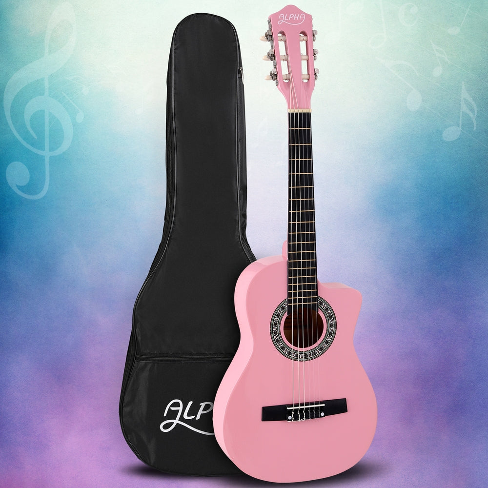 Guitars: Alpha 34 Inch Classical Guitar Wooden Body Nylon String Beginner Kids Gift Pink