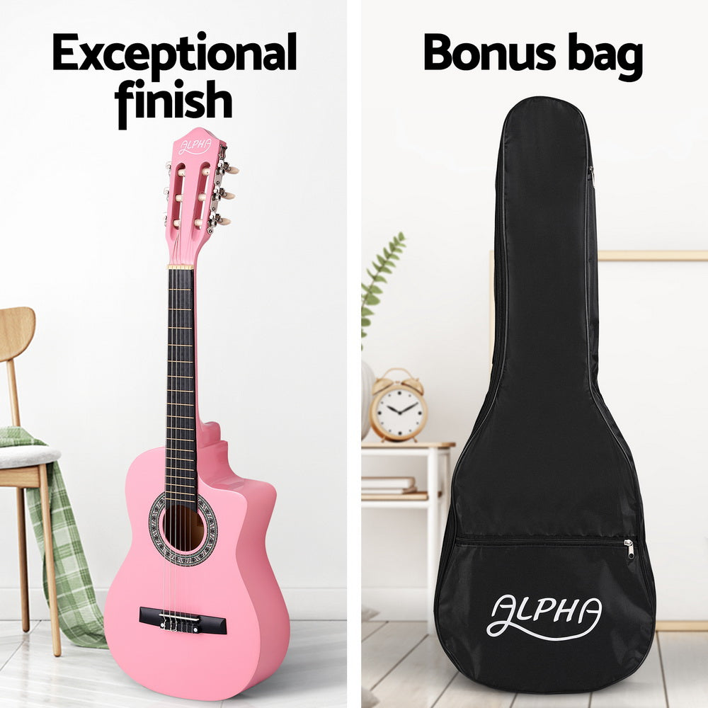 Guitars: Alpha 34 Inch Classical Guitar Wooden Body Nylon String Beginner Kids Gift Pink