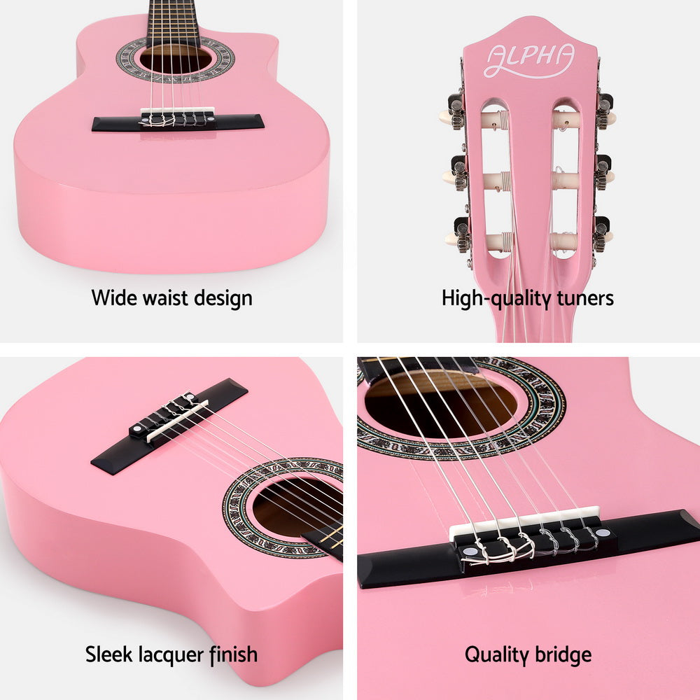 Guitars: Alpha 34 Inch Classical Guitar Wooden Body Nylon String Beginner Kids Gift Pink
