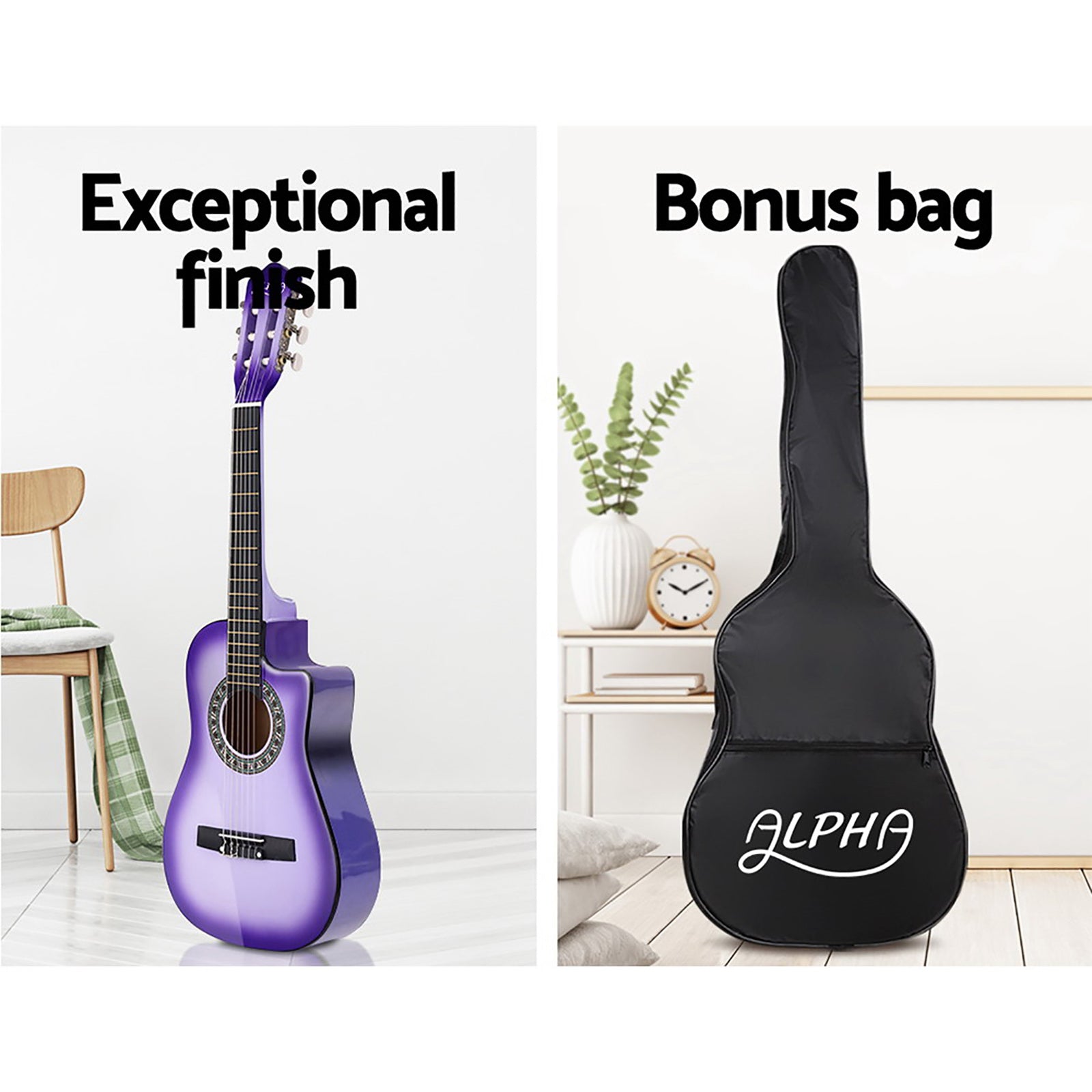 Guitars: Alpha 34 Inch Classical Guitar Wooden Body Nylon String w/ Stand Beignner Purple
