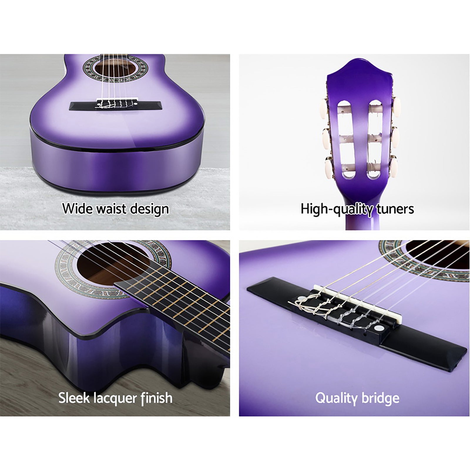 Guitars: Alpha 34 Inch Classical Guitar Wooden Body Nylon String w/ Stand Beignner Purple