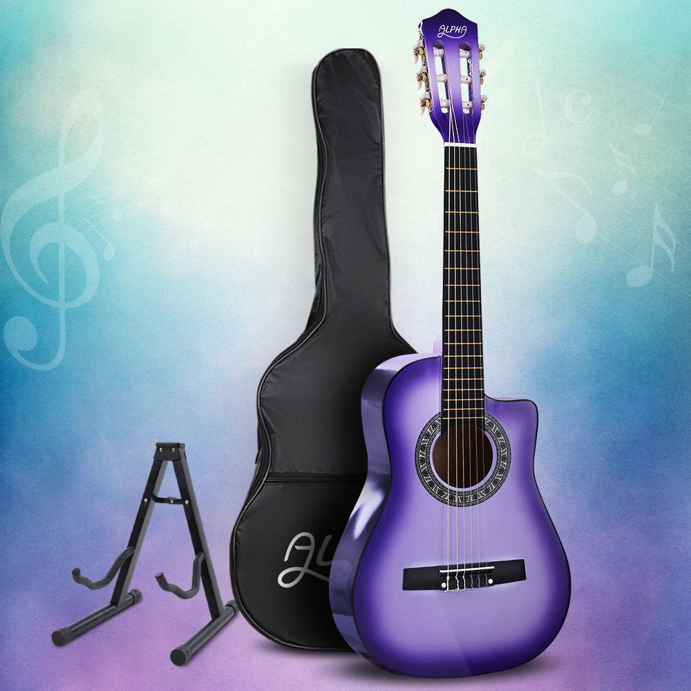 Guitars: Alpha 34 Inch Classical Guitar Wooden Body Nylon String w/ Stand Beignner Purple