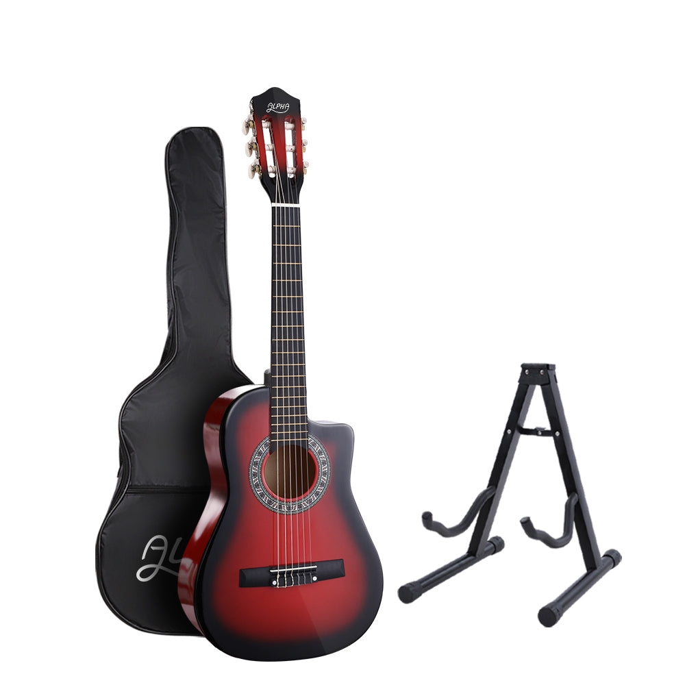 Guitars: Alpha 34 Inch Classical Guitar Wooden Body Nylon String w/ Stand Beignner Red