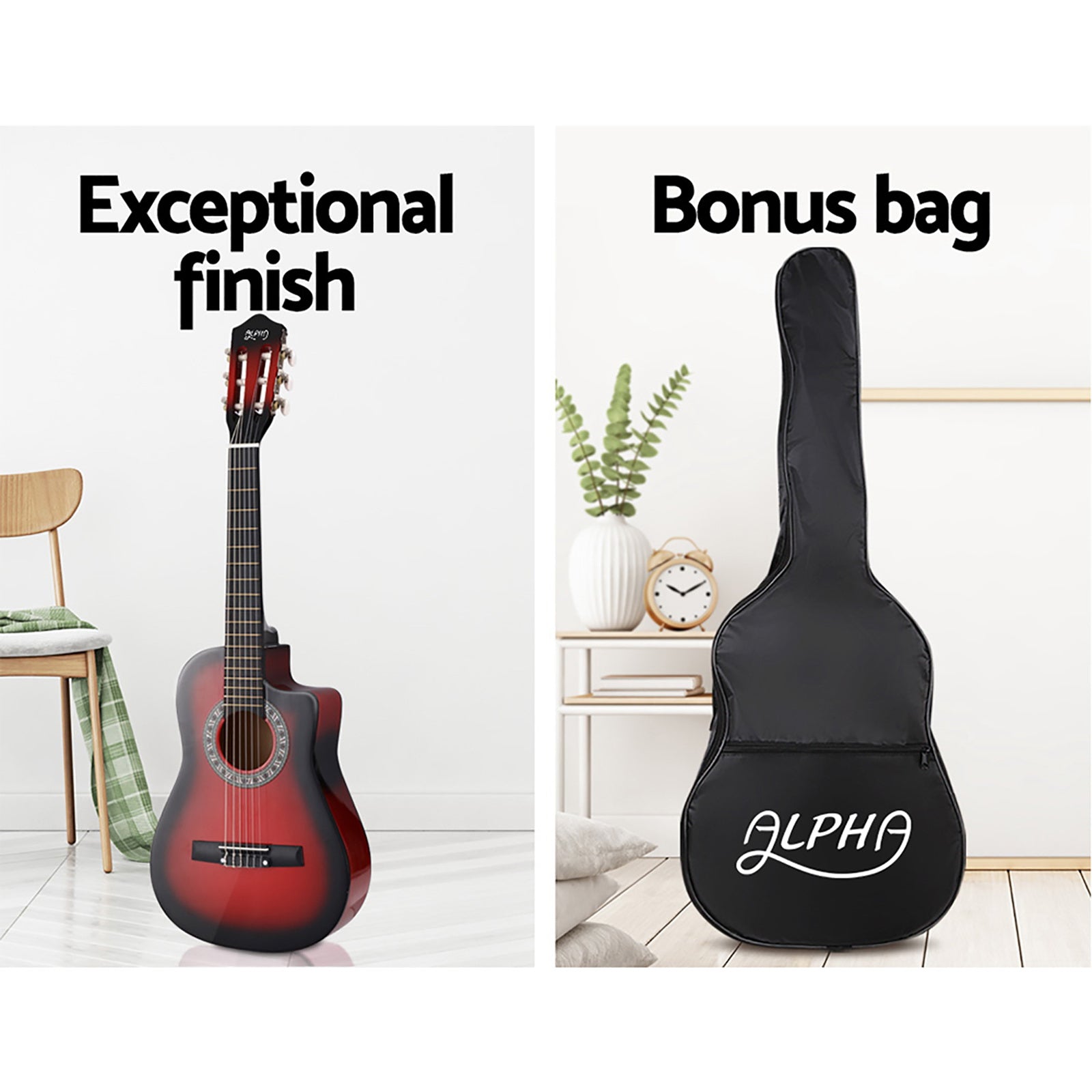 Guitars: Alpha 34 Inch Classical Guitar Wooden Body Nylon String w/ Stand Beignner Red