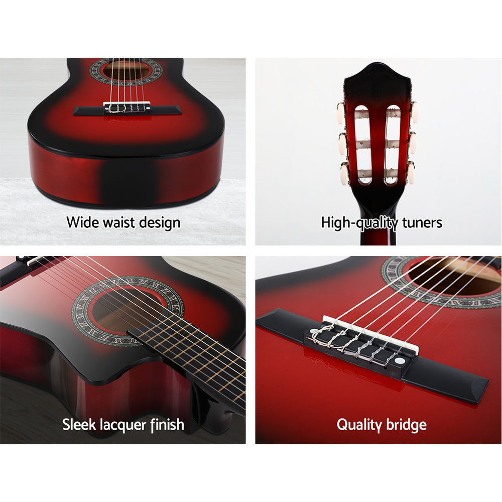 Guitars: Alpha 34 Inch Classical Guitar Wooden Body Nylon String w/ Stand Beignner Red