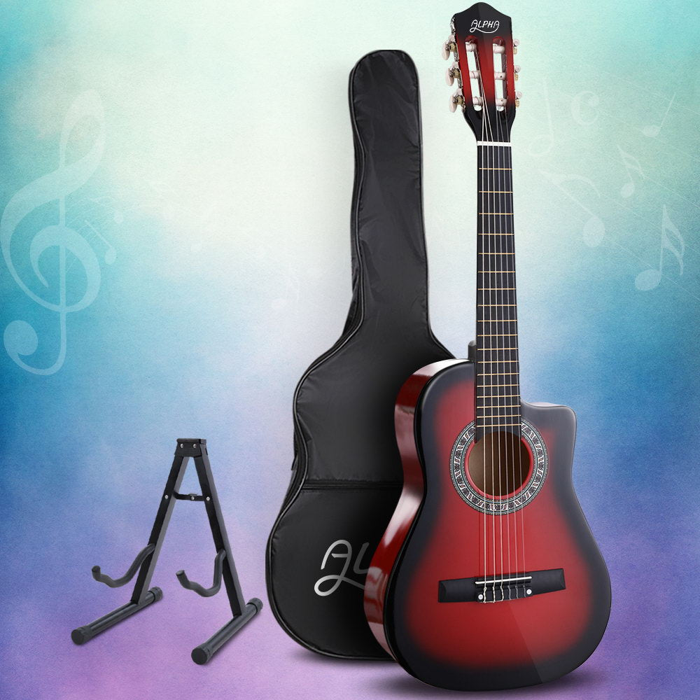 Guitars: Alpha 34 Inch Classical Guitar Wooden Body Nylon String w/ Stand Beignner Red
