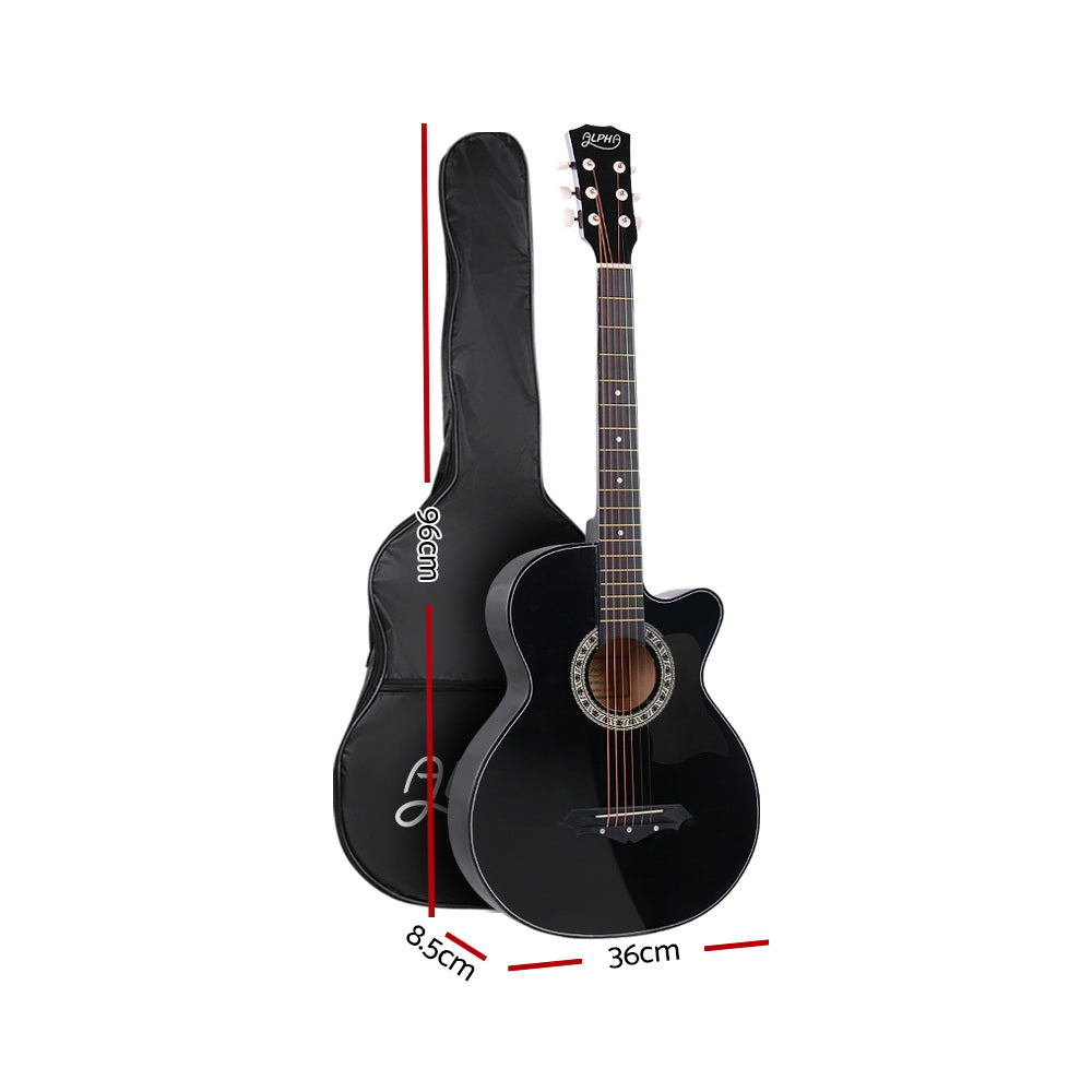 Guitars: Alpha 38 Inch Acoustic Guitar Wooden Body Steel String Full Size Cutaway Black