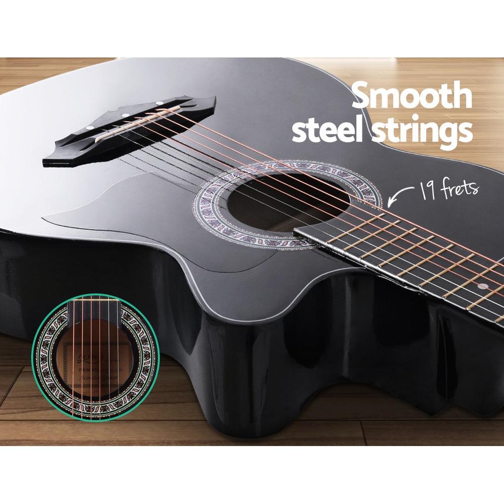 Guitars: Alpha 38 Inch Acoustic Guitar Wooden Body Steel String Full Size Cutaway Black