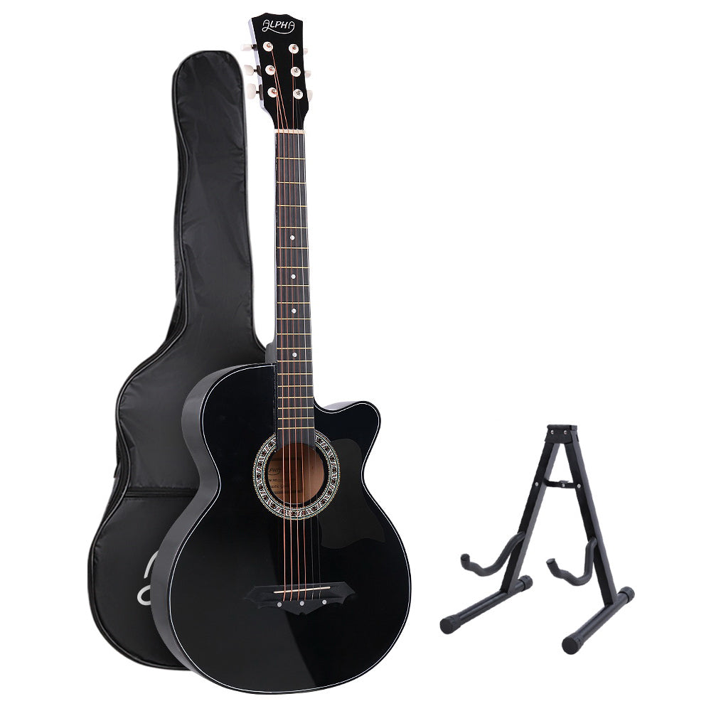 Guitars: Alpha 38 Inch Acoustic Guitar Wooden Body Steel String Full Size w/ Stand Black