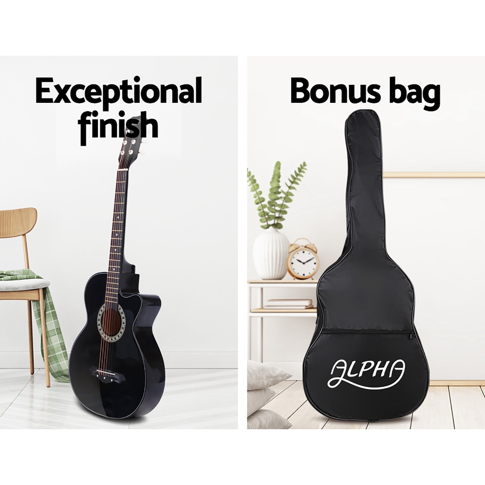 Guitars: Alpha 38 Inch Acoustic Guitar Wooden Body Steel String Full Size w/ Stand Black