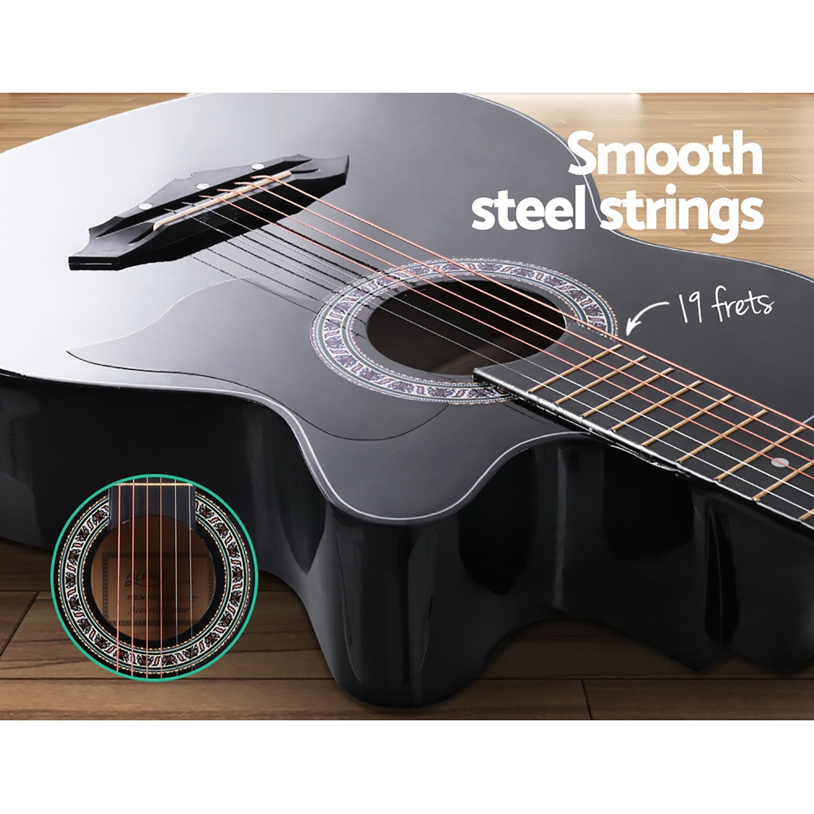 Guitars: Alpha 38 Inch Acoustic Guitar Wooden Body Steel String Full Size w/ Stand Black