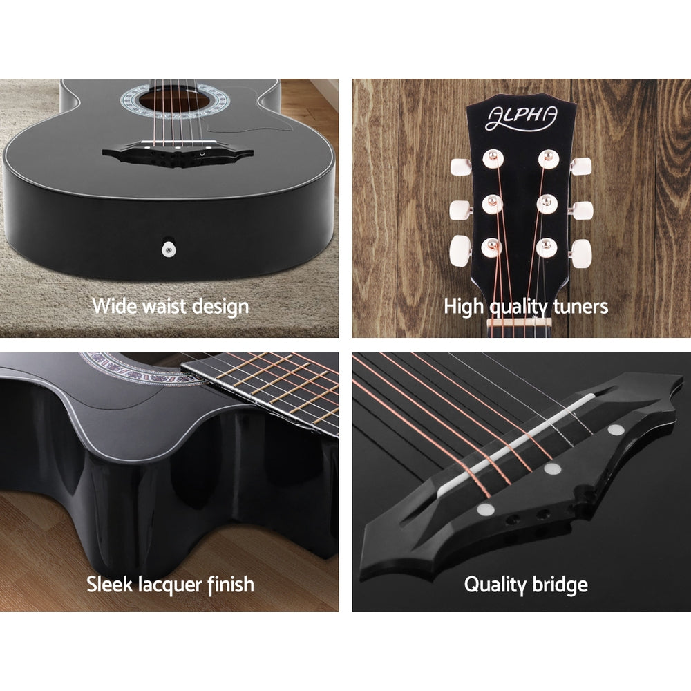 Guitars: Alpha 38 Inch Acoustic Guitar Wooden Body Steel String Full Size w/ Stand Black