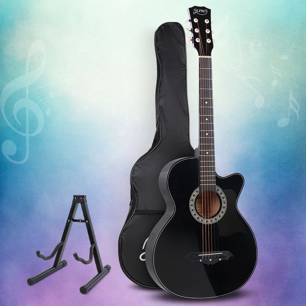 Guitars: Alpha 38 Inch Acoustic Guitar Wooden Body Steel String Full Size w/ Stand Black
