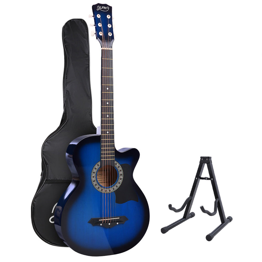 Guitars: Alpha 38 Inch Acoustic Guitar Wooden Body Steel String Full Size w/ Stand Blue