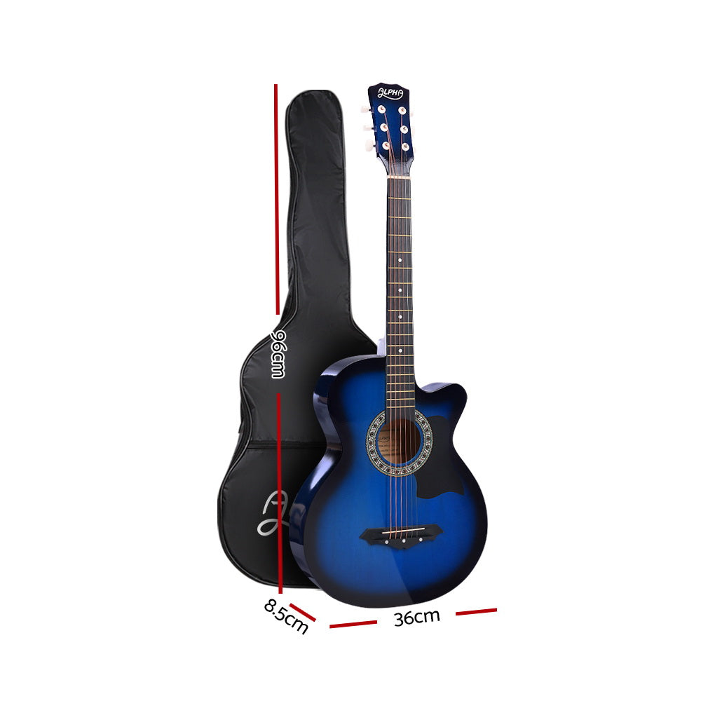 Guitars: Alpha 38 Inch Acoustic Guitar Wooden Body Steel String Full Size w/ Stand Blue