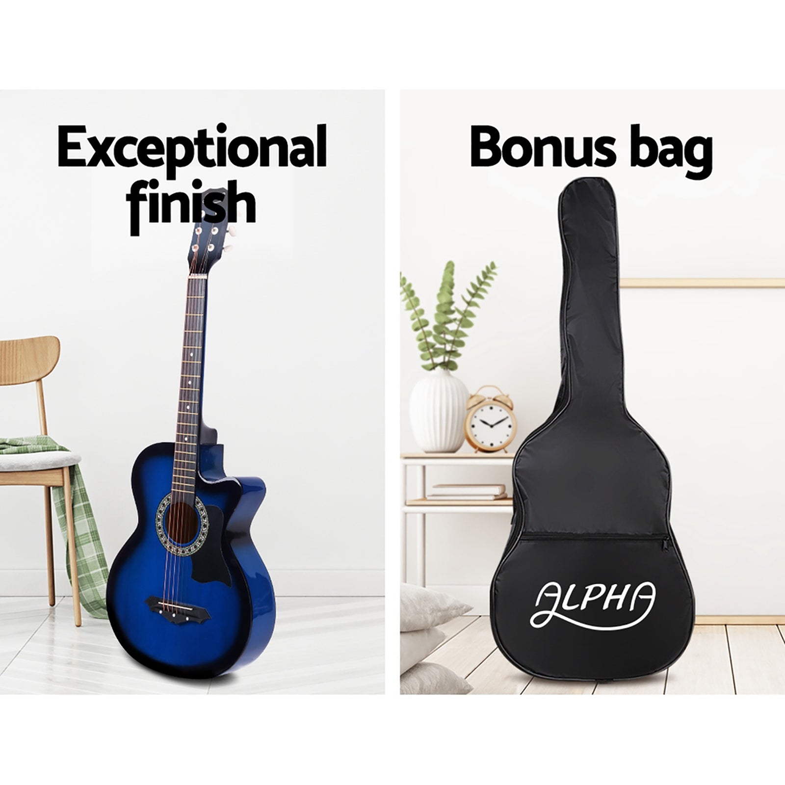Guitars: Alpha 38 Inch Acoustic Guitar Wooden Body Steel String Full Size w/ Stand Blue