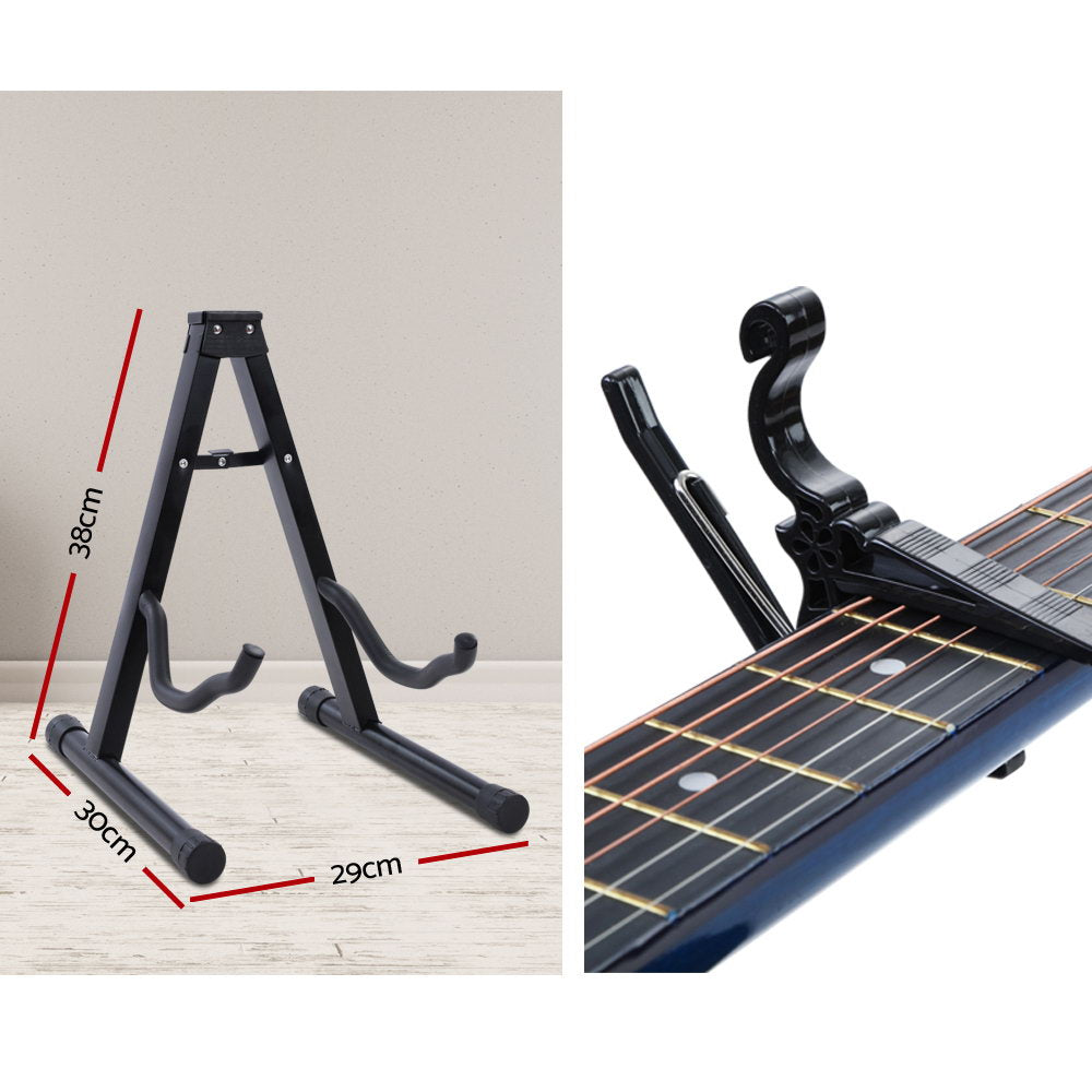 Guitars: Alpha 38 Inch Acoustic Guitar Wooden Body Steel String Full Size w/ Stand Blue