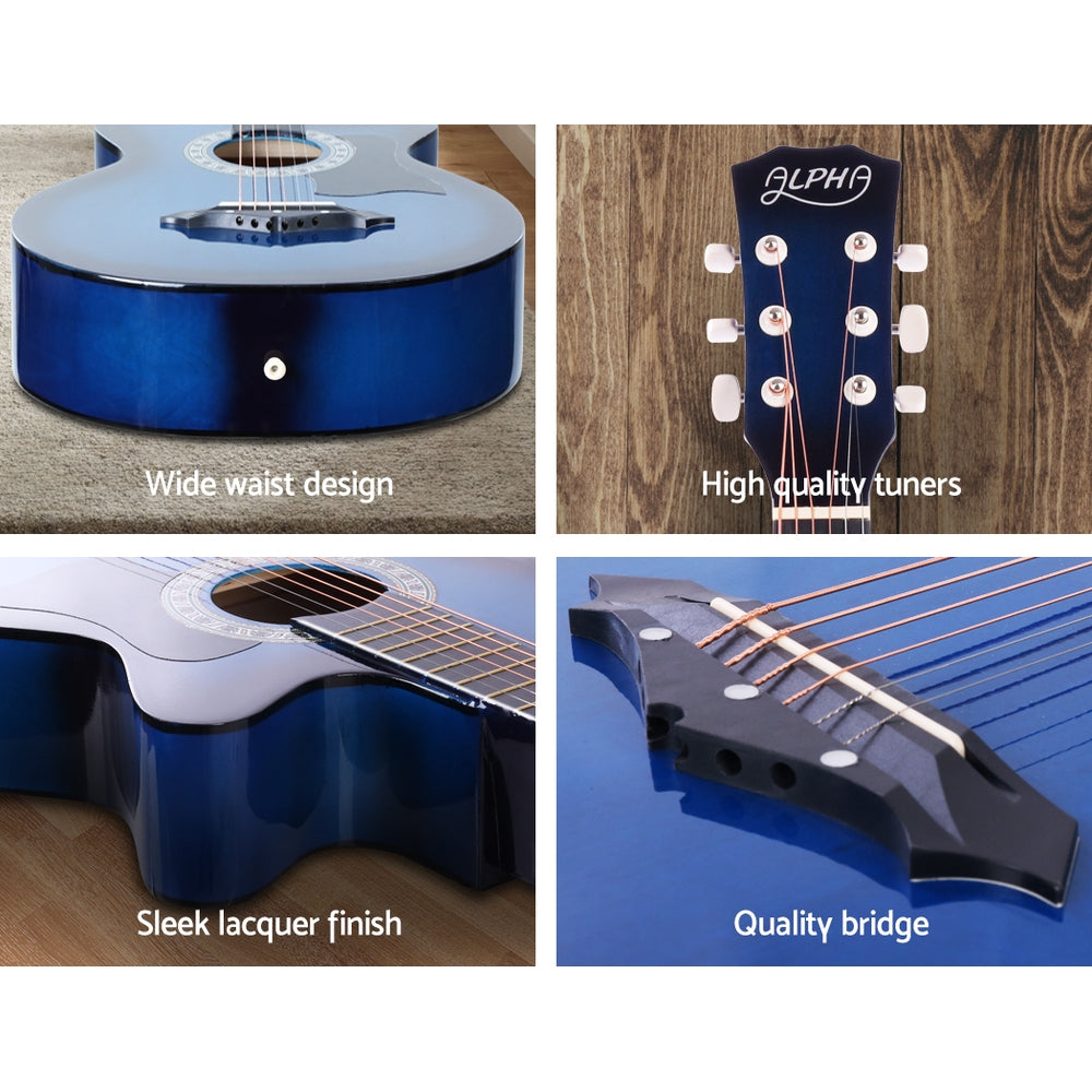 Guitars: Alpha 38 Inch Acoustic Guitar Wooden Body Steel String Full Size w/ Stand Blue