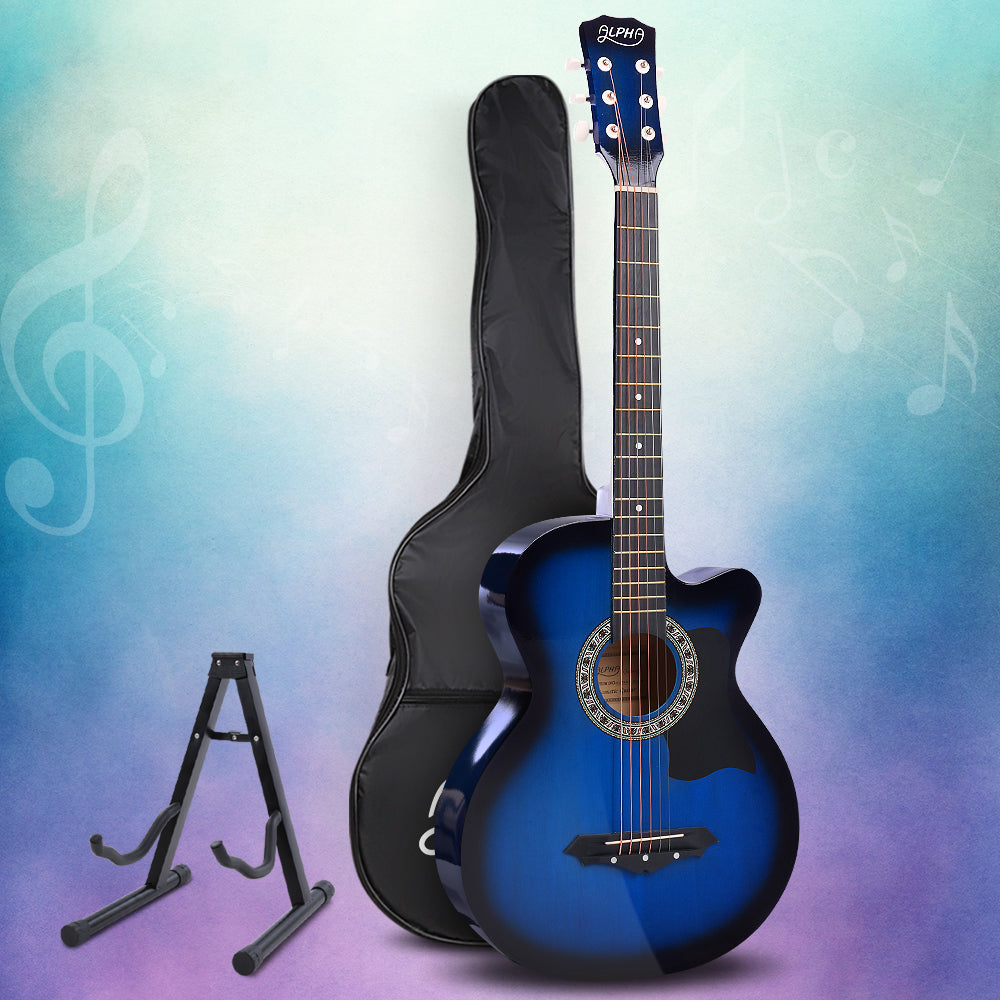 Guitars: Alpha 38 Inch Acoustic Guitar Wooden Body Steel String Full Size w/ Stand Blue