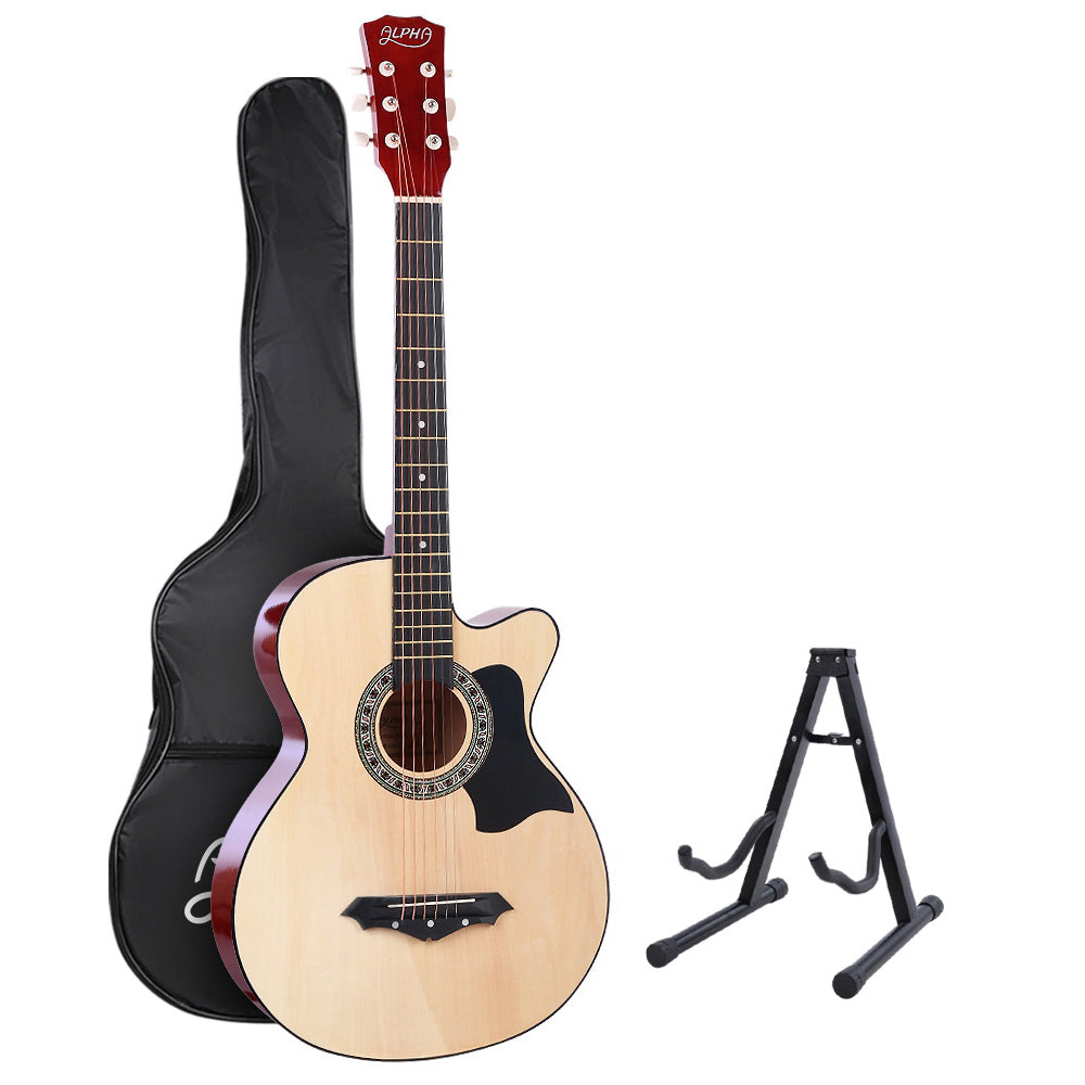 Guitars: Alpha 38 Inch Acoustic Guitar Wooden Body Steel String Full Size w/ Stand Wood