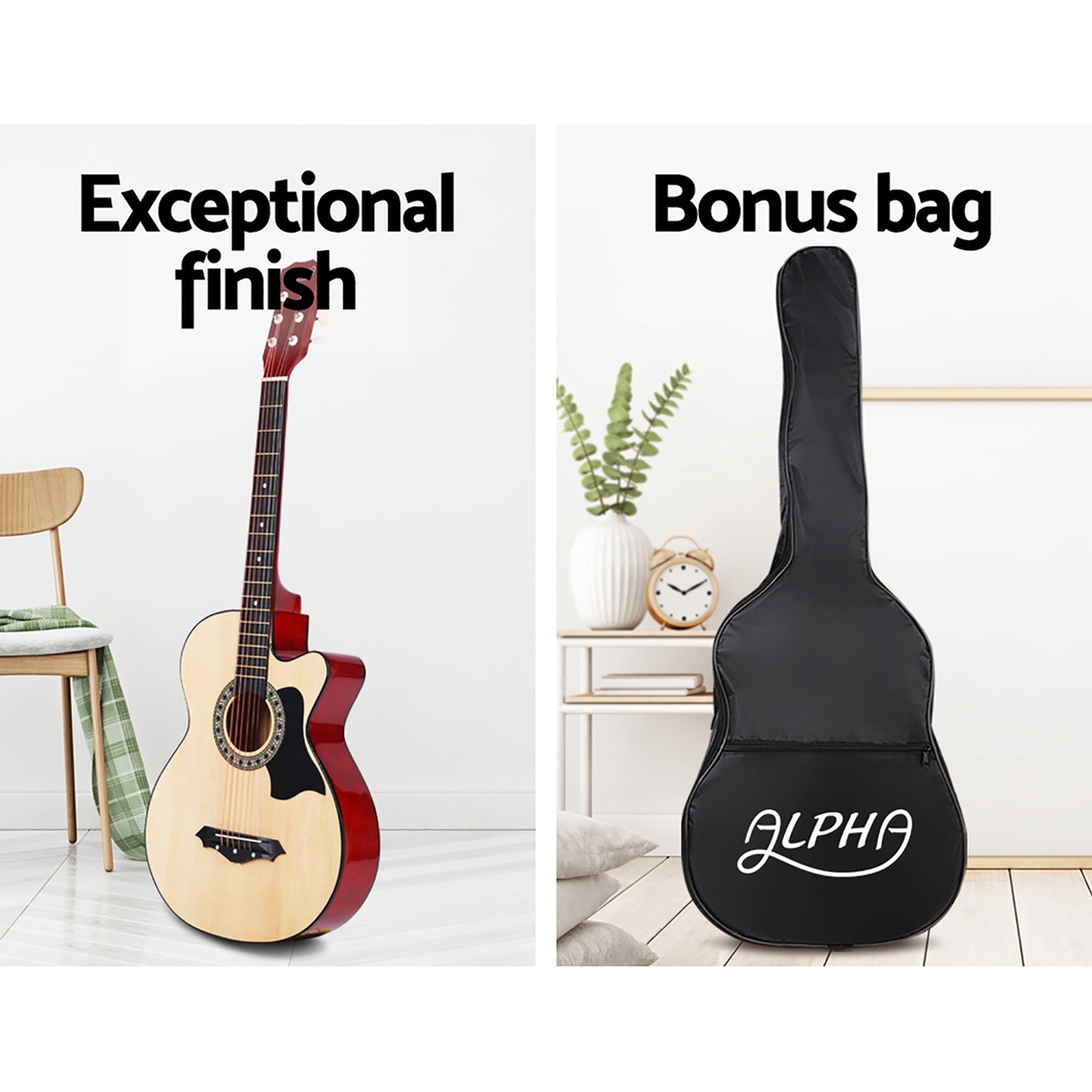 Guitars: Alpha 38 Inch Acoustic Guitar Wooden Body Steel String Full Size w/ Stand Wood