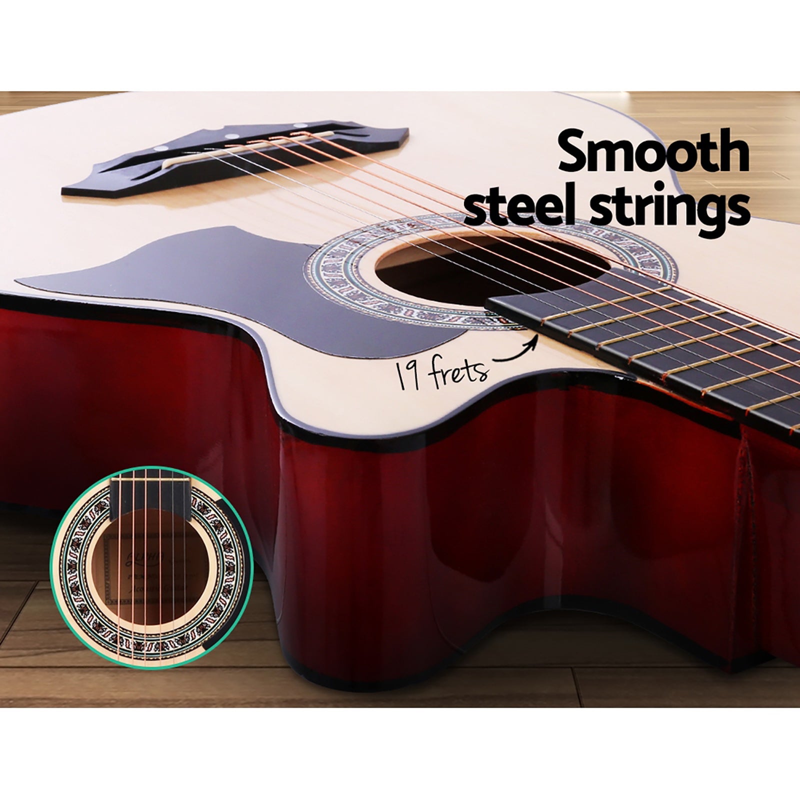 Guitars: Alpha 38 Inch Acoustic Guitar Wooden Body Steel String Full Size w/ Stand Wood