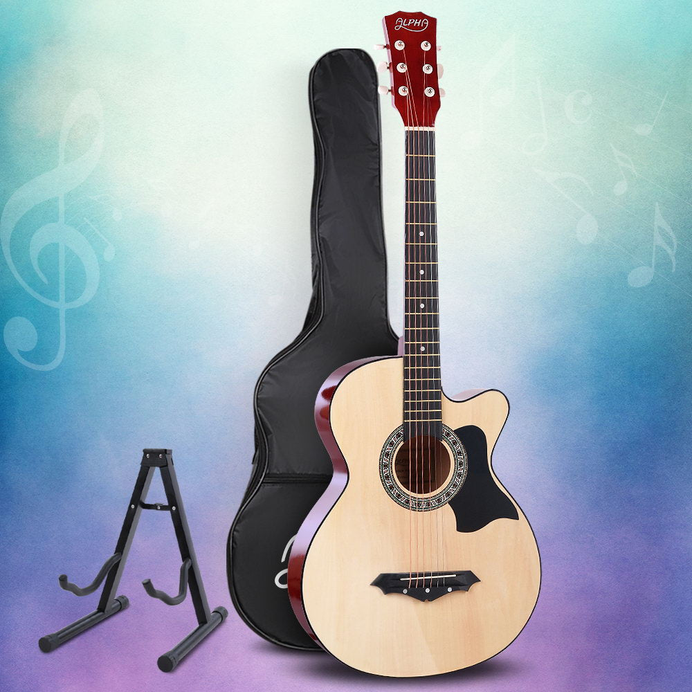 Guitars: Alpha 38 Inch Acoustic Guitar Wooden Body Steel String Full Size w/ Stand Wood