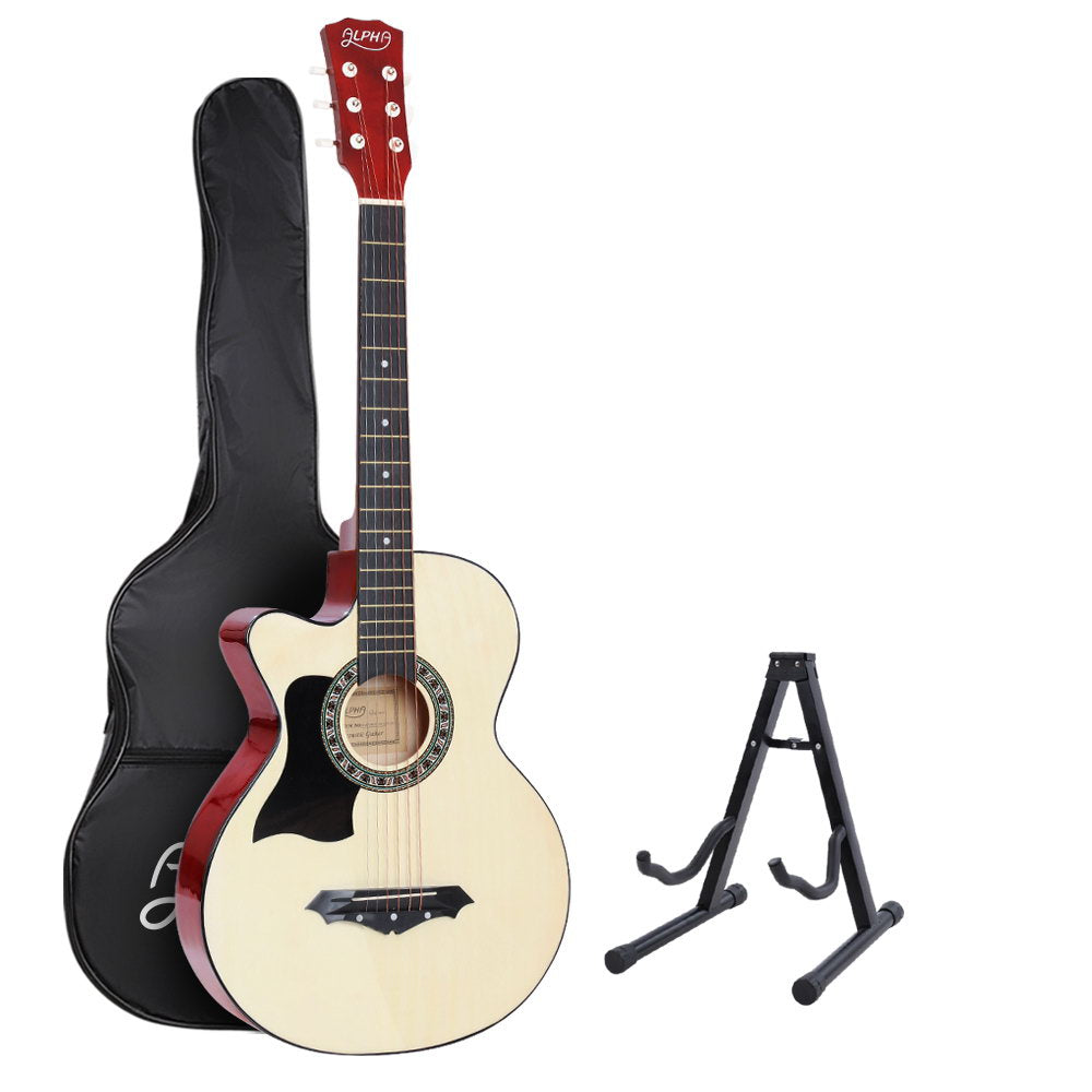 Guitars: Alpha 38 Inch Acoustic Guitar Wooden Body Steel String w/ Stand Left Handed