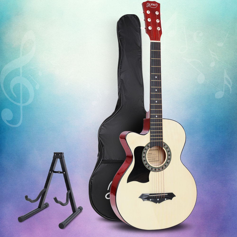 Guitars: Alpha 38 Inch Acoustic Guitar Wooden Body Steel String w/ Stand Left Handed